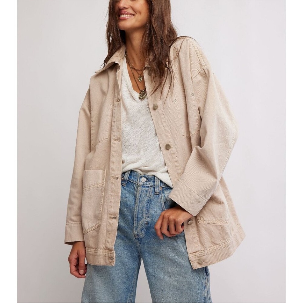 Free People Neutral Beige Oversized Jean Jacket